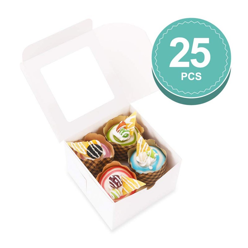 BAKIPACK 25 White Bakery Boxes with Window, 6x6x4 Inches Cake Boxes with Window, Treat Boxes for Small Bakery, Dessert, Candy, Cookies, Pastry, Party Favors, Wedding Cake - Image 3